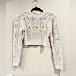 🔥Zara Cream Cable Knit Sweater with Floral Accents🔥